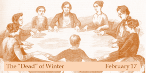 A sepia-toned illustration of a group of people in 19th century clothing sitting around a table having a séance.