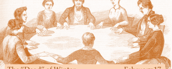 A sepia-toned illustration of a group of people in 19th century clothing sitting around a table having a séance.