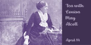 Purple tinted photograph of Louisa May Alcott sitting at her writing desk.