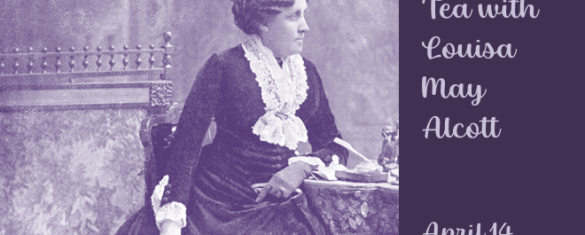 Purple tinted photograph of Louisa May Alcott sitting at her writing desk.